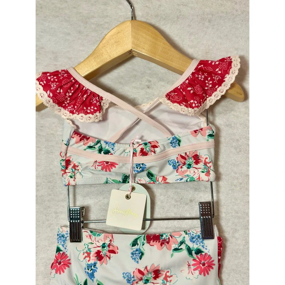SweetHoney Girls Floral Ruffle Two Piece Swimsuit Bikini Set Red White Blue 3T